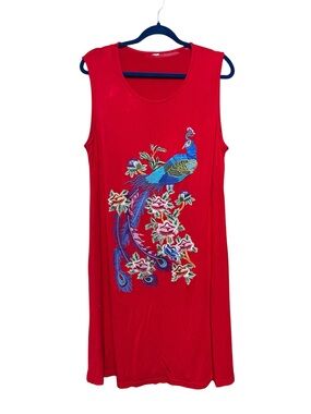 Red Peacock Embroidered Sleeveless Dress | Boho Statement Dress | XXL approx.